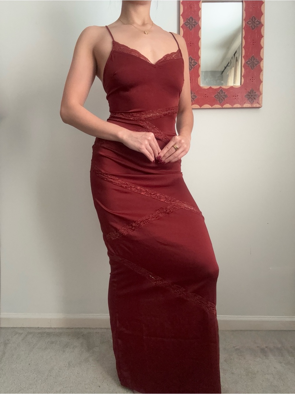 Meshki Deep Wine Red Lace Cutout Satin Effect Maxi Dress
